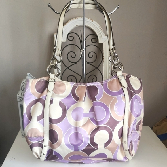 Handbags - Coach Vintage Alexandra Op Art Purple Cream And Beige Large Shoulder Bag